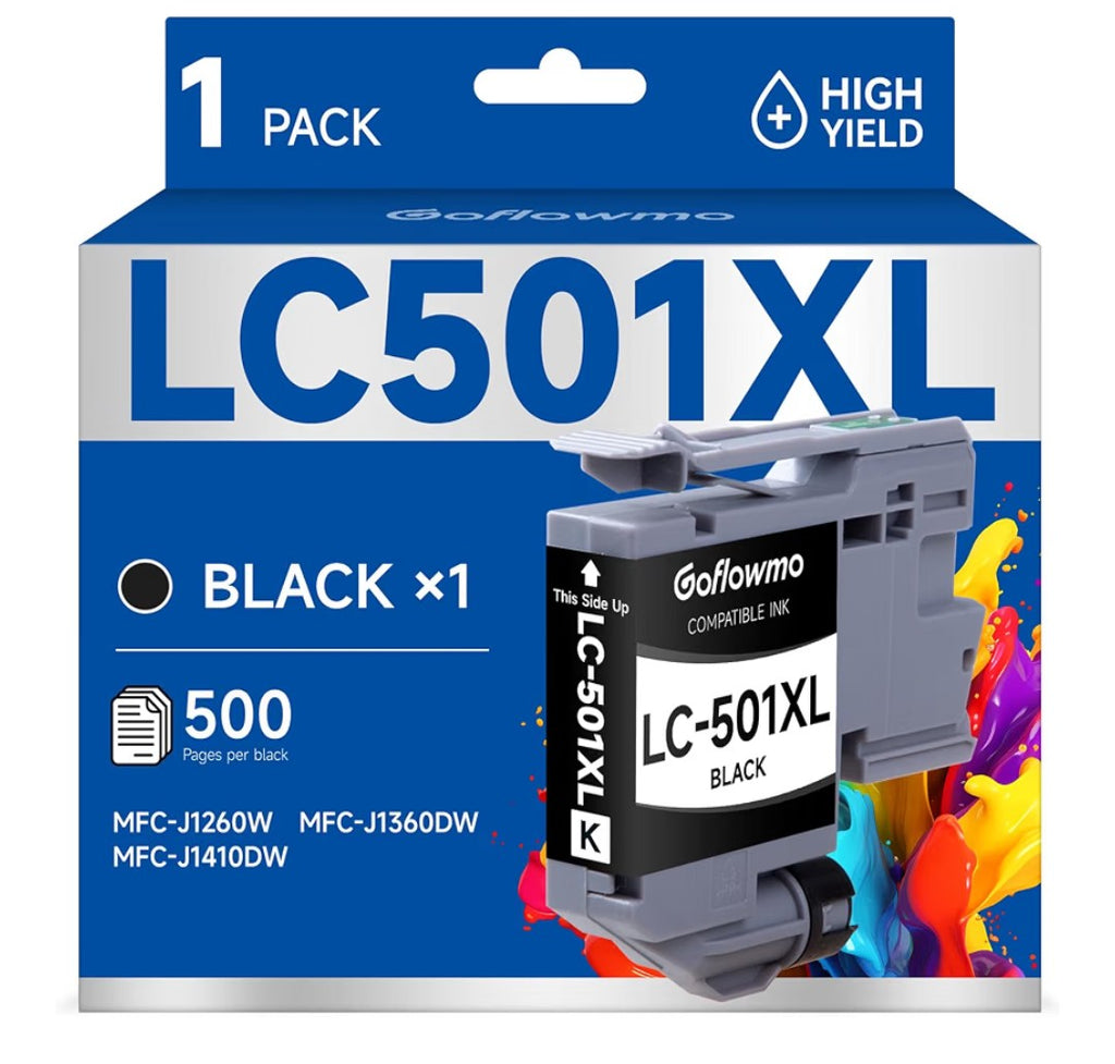 501XL Black Ink High Yield Cartridges for Brother Printer 501XL LC501 LC 501 Inks Cartridge Compatible for Brother MFC-J1360DW MFC-J1410DW MFC-J1260DW Series Printer (1-Pack High Yield, Black)